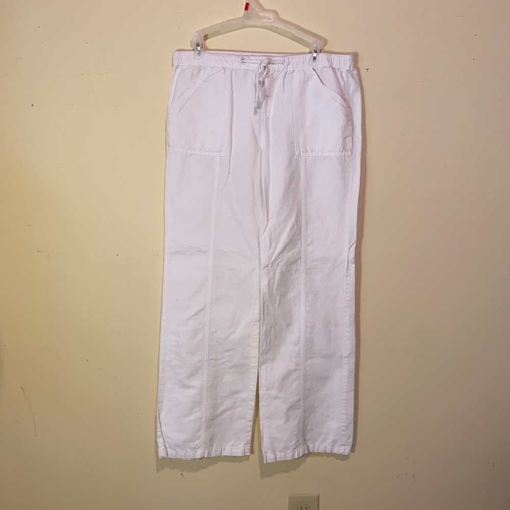 White Linen Blend Wide Leg Drawstring Pants Women’s Size Small Coastal Resort